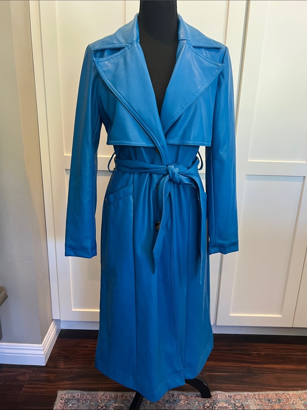 NWT INC International Concepts Blue Faux Leather Belted Trench Coat XS